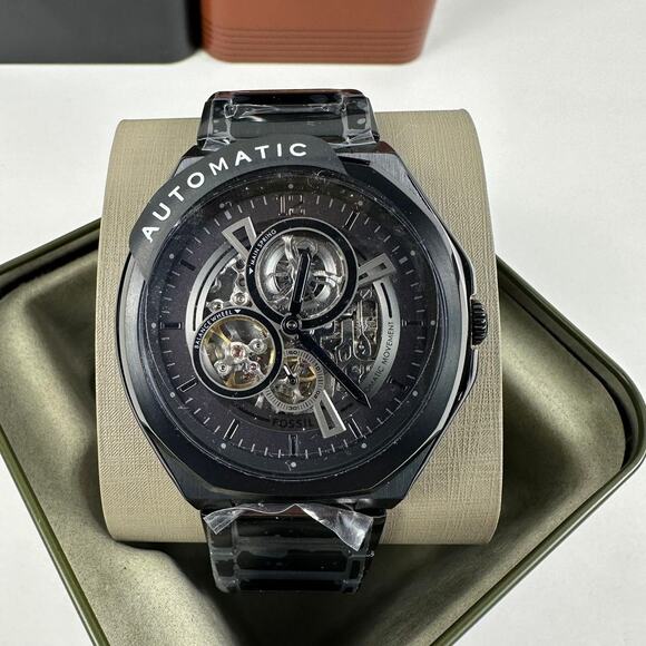 Fossil Mens Automatic Watch Skeleton Evanston Black Stainless Steel BQ2621 - Picture 1 of 8